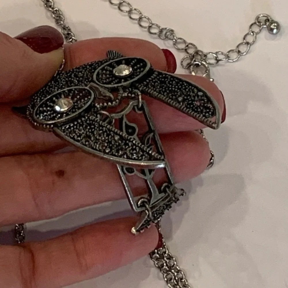 💐5/25 articulating owl long chain silver tone